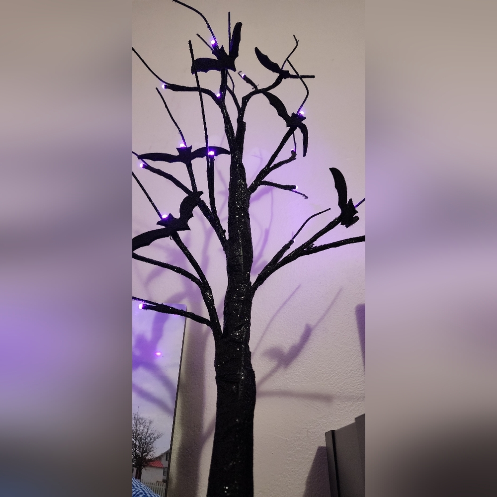 Black Halloween Tree with Purple Lights